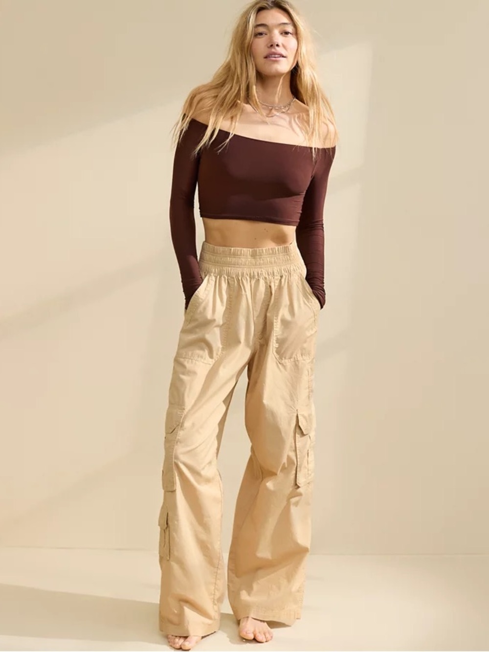 Aerie Easiest Pull On Smocked Waist Cargo Pants in Soft Stone | XS Regular